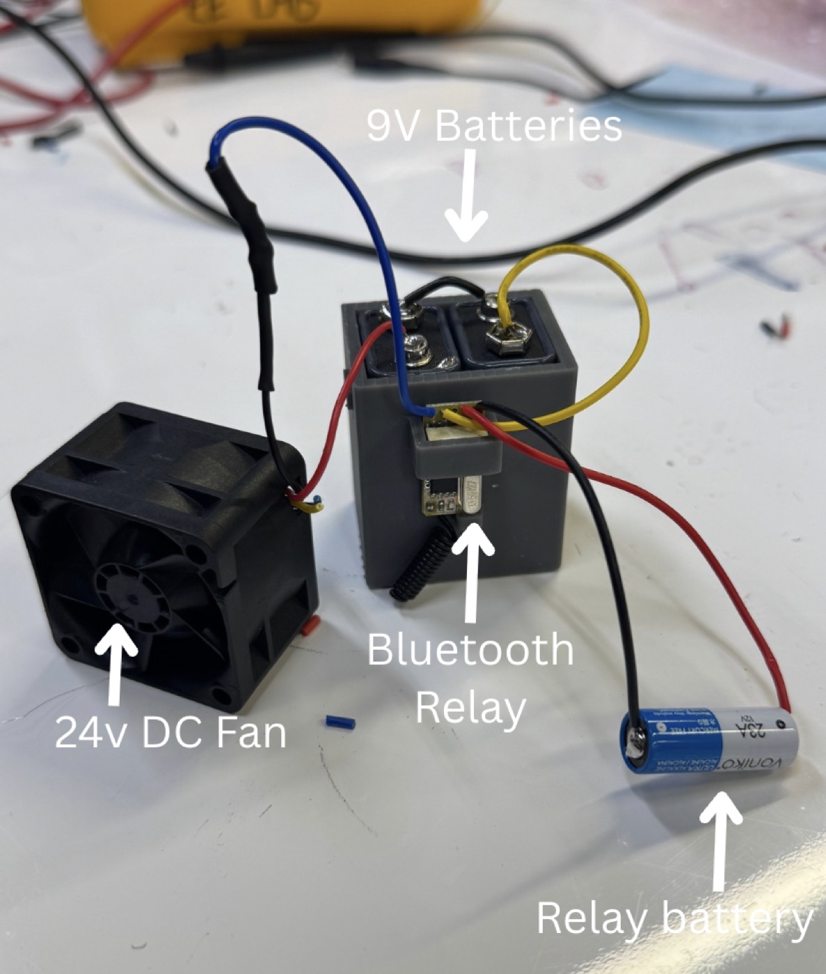 Annotated prototype 2 electronics: 24V DC fan, 9V batteries, Bluetooth relay and relay battery