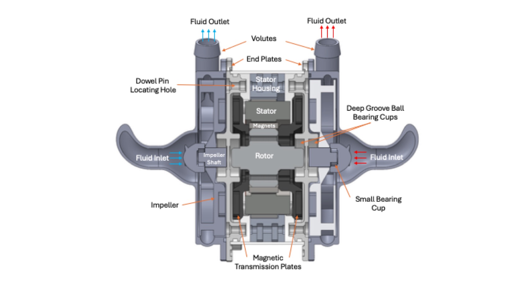 Annotated cross section showing fluid inlets and outlets, volutes, end plates, stator housing, rotor, impeller shaft, bearing cups and magnetic transmission plates