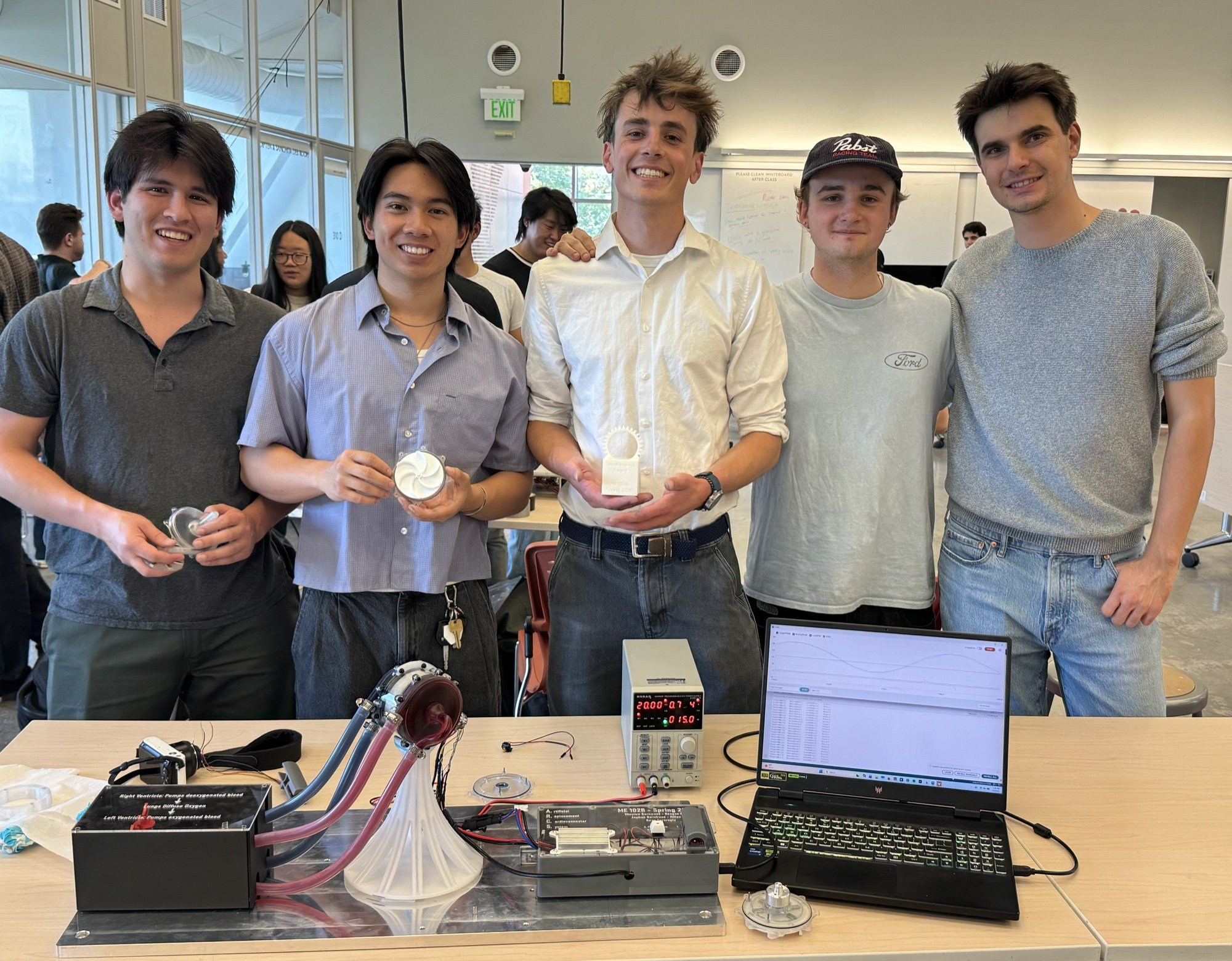 The five-person ARCS team behind the display bench with the artificial heart running
