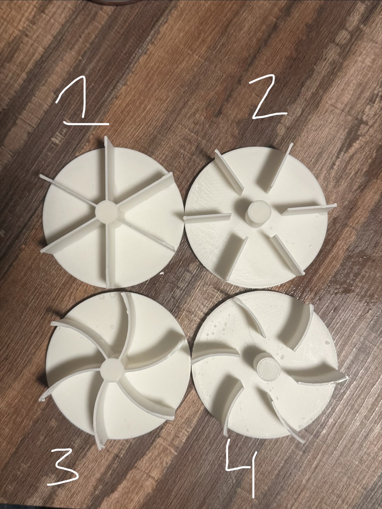The printed impeller geometries corresponding to the test data