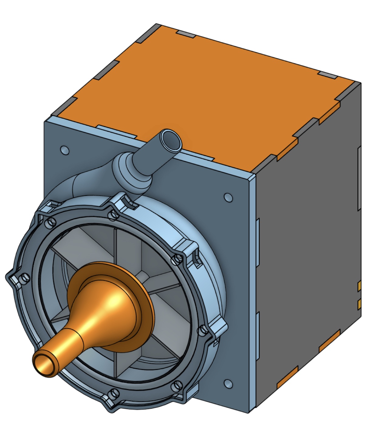 CAD of the test rig: volute and impeller mounted to a laser-cut box with inlet and outlet ports