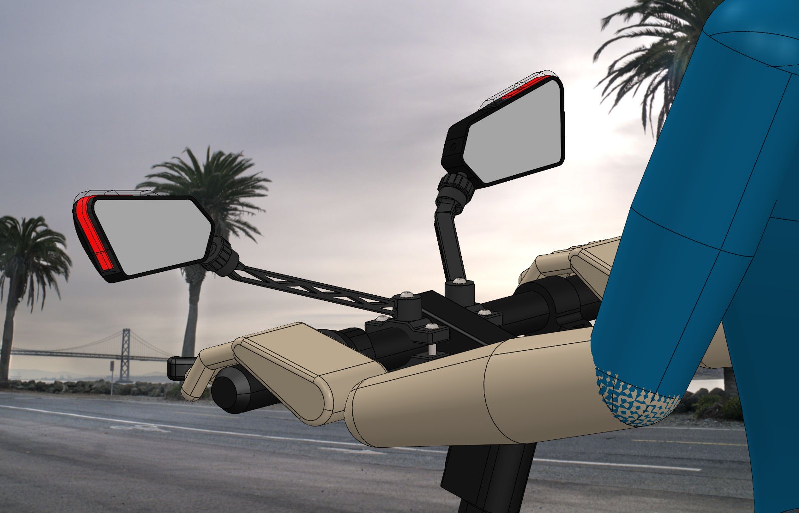 Close render of the mirror arms and handlebar clamp with the rider for scale