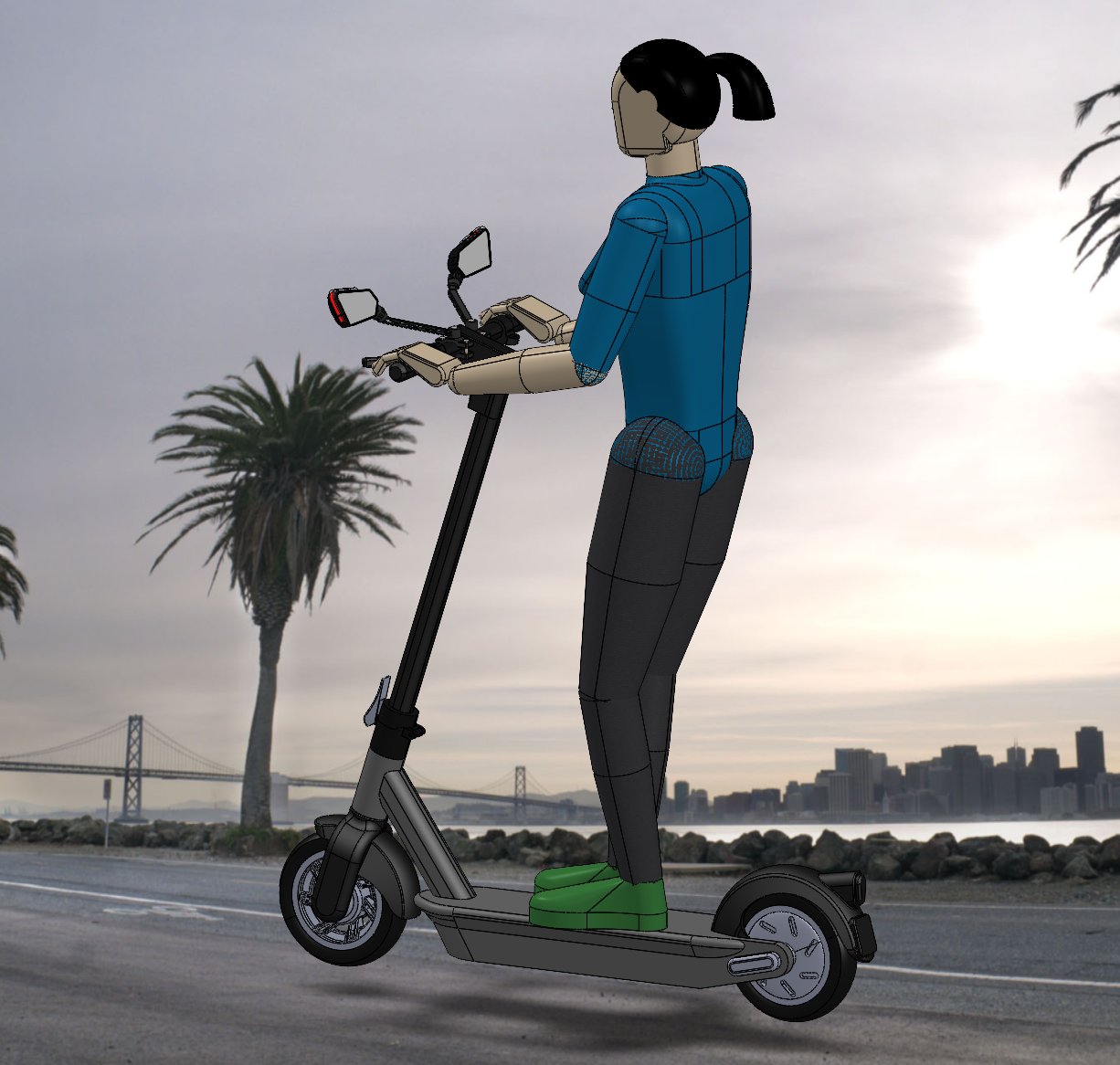 SolidWorks render of the scooter and rider from the side