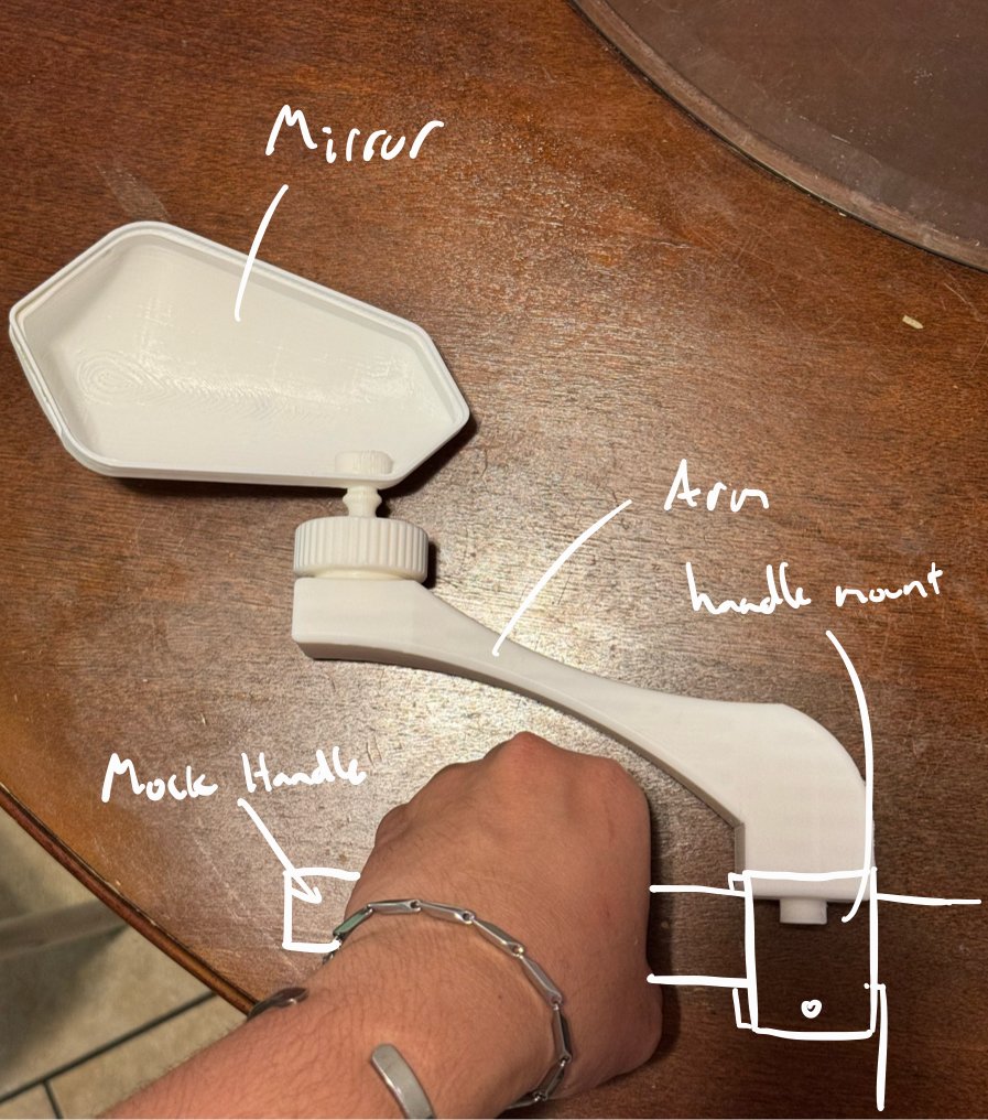 First 3D printed prototype with annotated mirror, arm, handle mount and mock handle