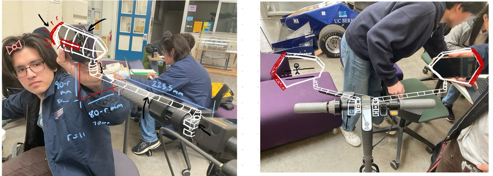 Team measuring optimal mirror position on a scooter using a phone camera