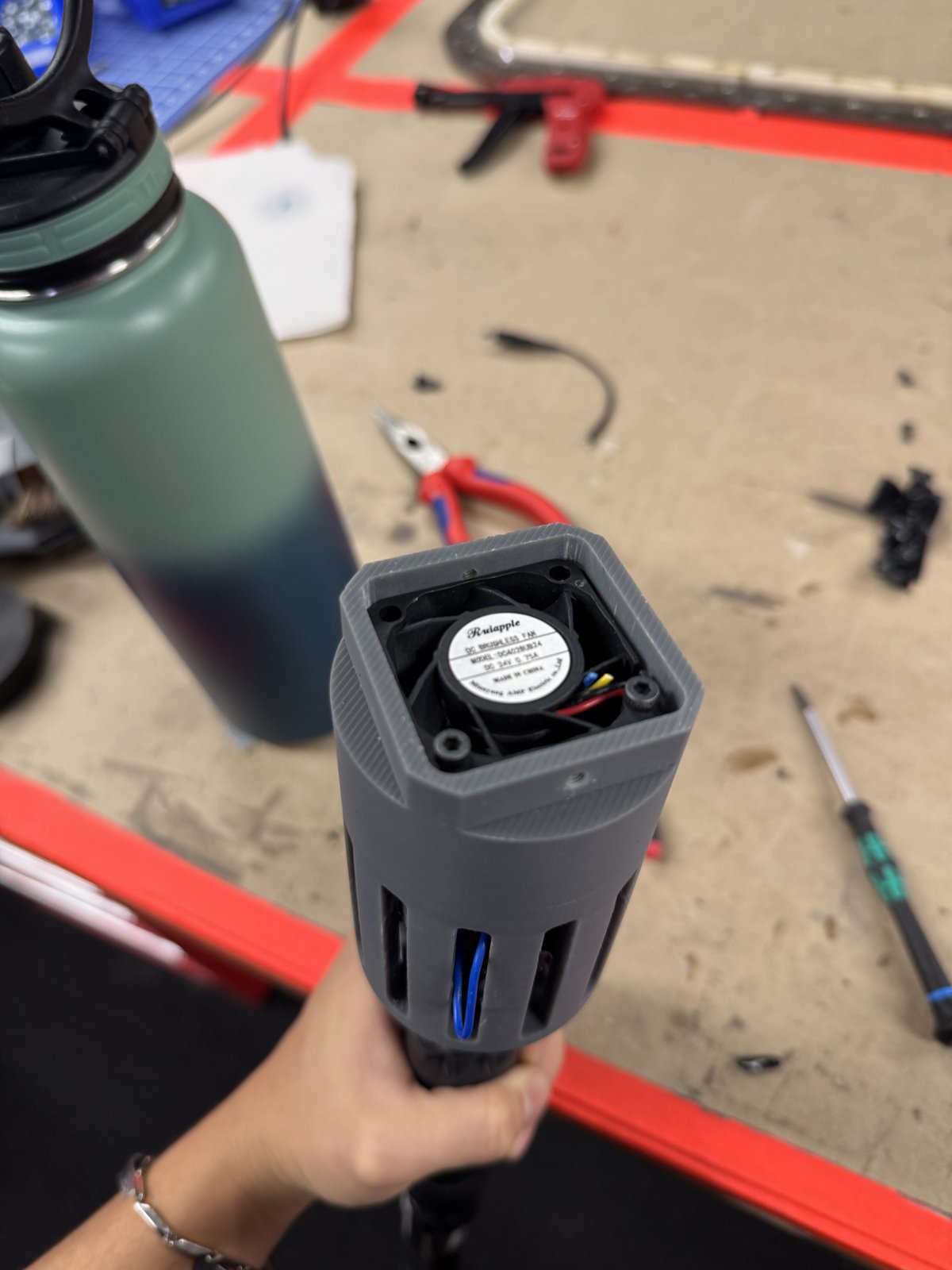 Higher-voltage DC fan fitted into the second prototype housing